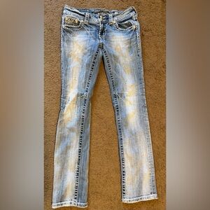 Miss Me Women’s Low Rise Straight Leg Y2K Distressed Bling Acid Washed Jeans 26